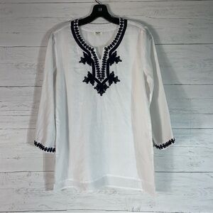 Symple White Linen Embroidered Split Neck 3/4 Sleeve Tunic Top High/Low Hem M
